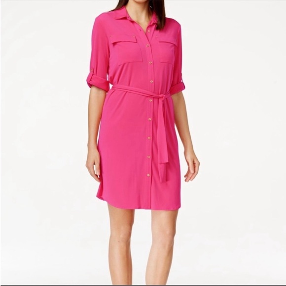 CALVIN KLEIN Pink Button Down Shirt Dress With Tie Belt NWT | Size 6 - Picture 1 of 7
